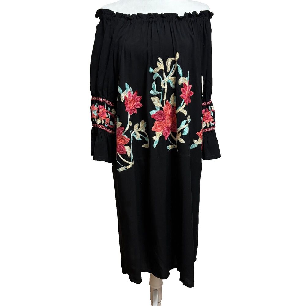 Idea2lifestyle Embroidered Shift Dress Womens M Black Floral Tropical Boho Party
